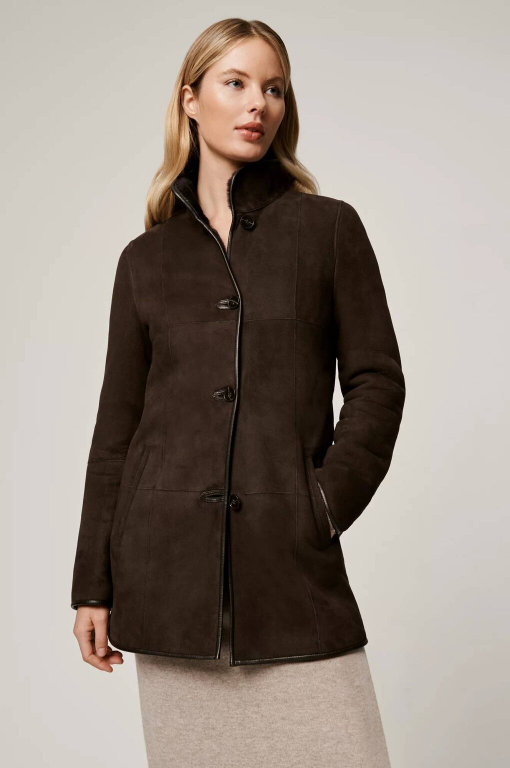 Audrey Spanish Shearling Sheepskin Coat with Leather Trim Free Ship