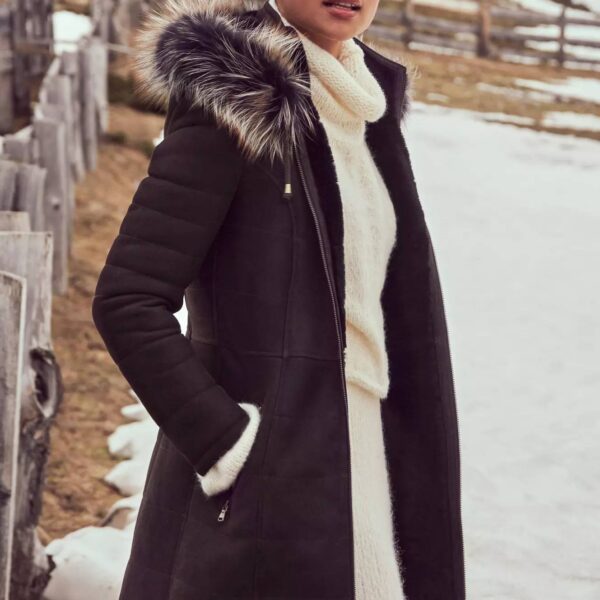 Maria Shearling Sheepskin Coat with Fur Trim and Detachable Hood