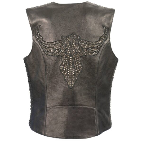 WOMEN’S LEATHER PHOENIX STUD EMBROIDERED SNAP FRONT VEST