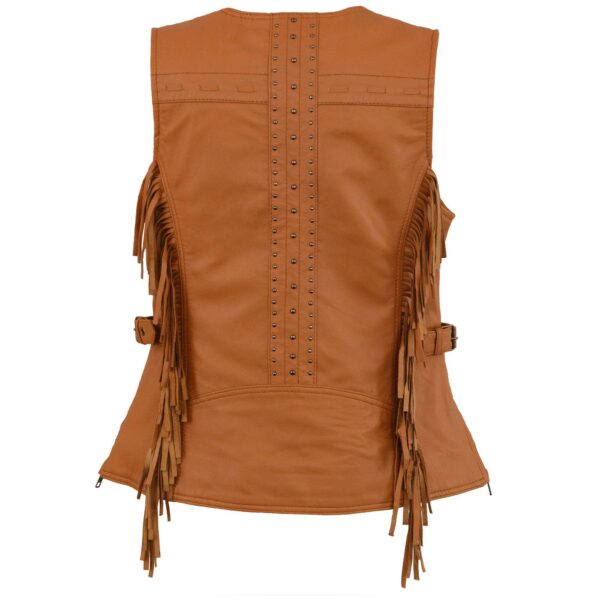 WOMEN'S LEATHER SADDLE TAN FRINGE SNAP FRONT VEST