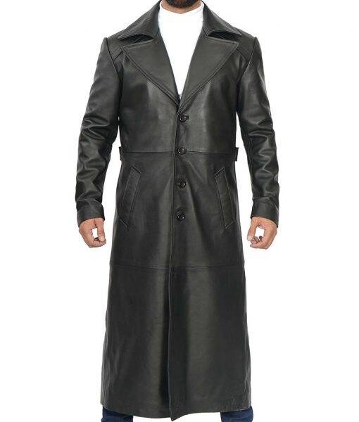 Bryson Mens Real Leather Black Trench Coat