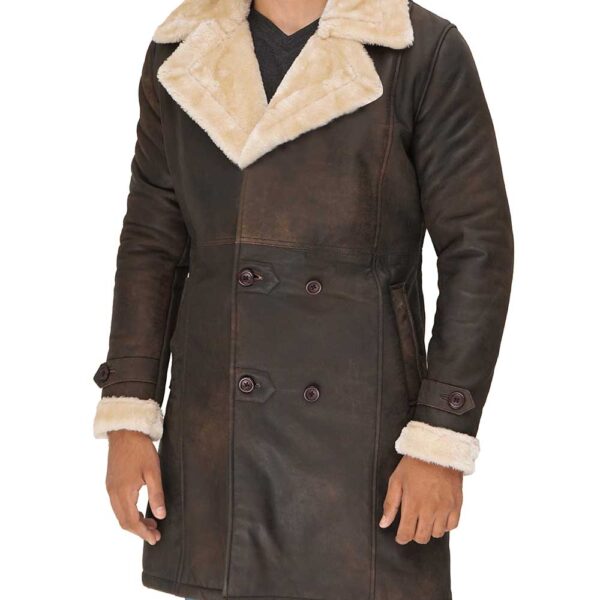 Mens Beige Shearling Leather Brown Trench Coat US