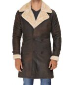 Mens Beige Shearling Leather Brown Trench Coat USA