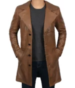 Mens Real Leather 3 4 Length Brown Long Coat
