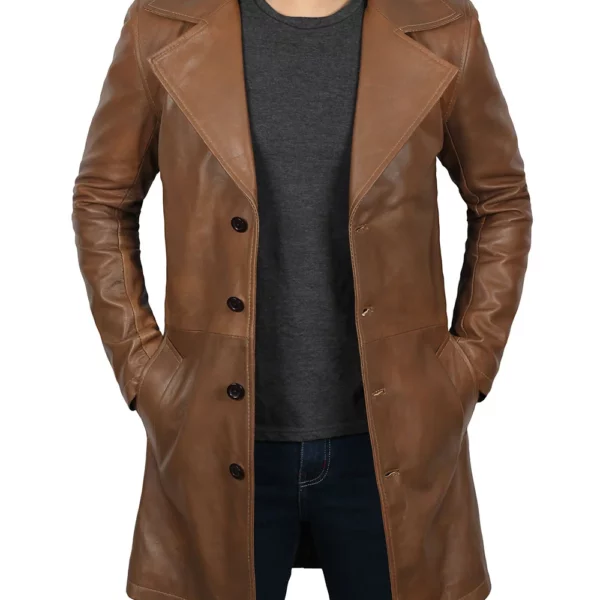 Mens Real Leather 3 4 Length Brown Long Coat