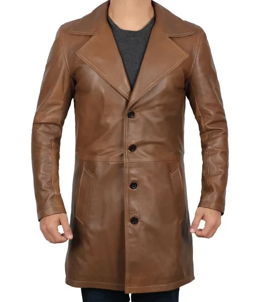 Mens Real Leather 3 4 Length Brown Long Coat US