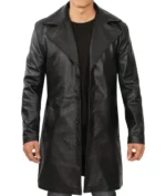 Mens Real Leather Black Trench Coat