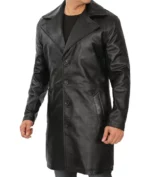 Mens Real Leather Black Trench Coat