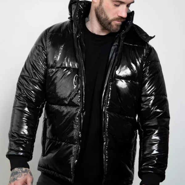 Black Shiny Puffer Jacket Mens with Hood