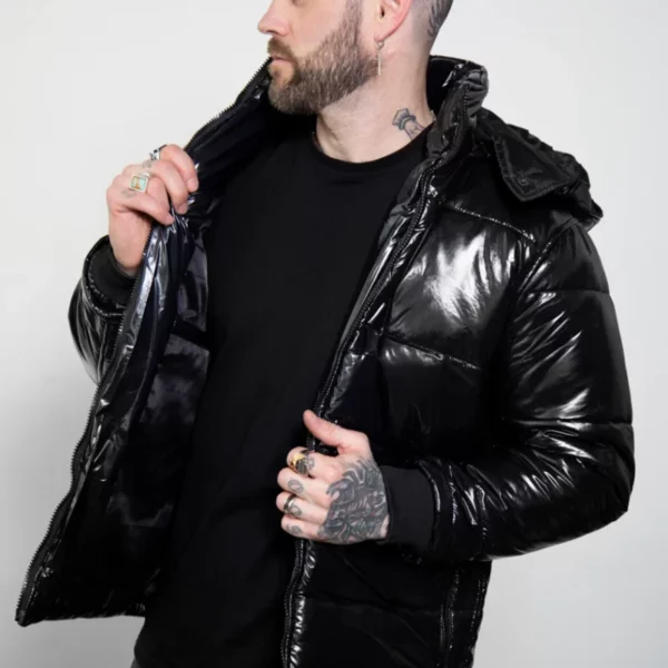Black Shiny Puffer Jacket Mens with Hood US