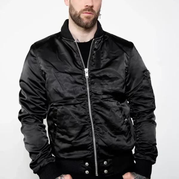 Mens Black Satin Rush Flight Bomber Jacket