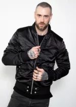 Mens Black Satin Rush Flight Bomber Jacket