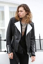 Mens Black and White Contrast Leather Jacket