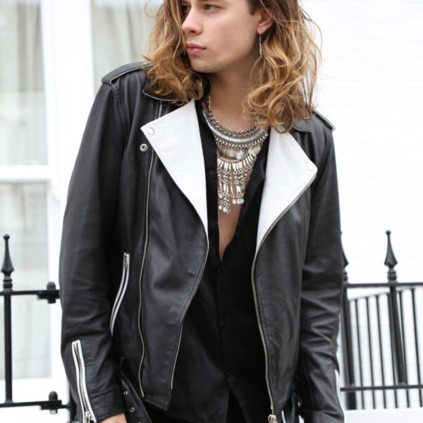 Mens Black and White Contrast Leather Jacket