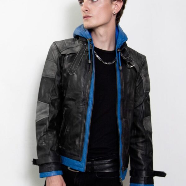 Mens Blue Hood Leather Jacket USA