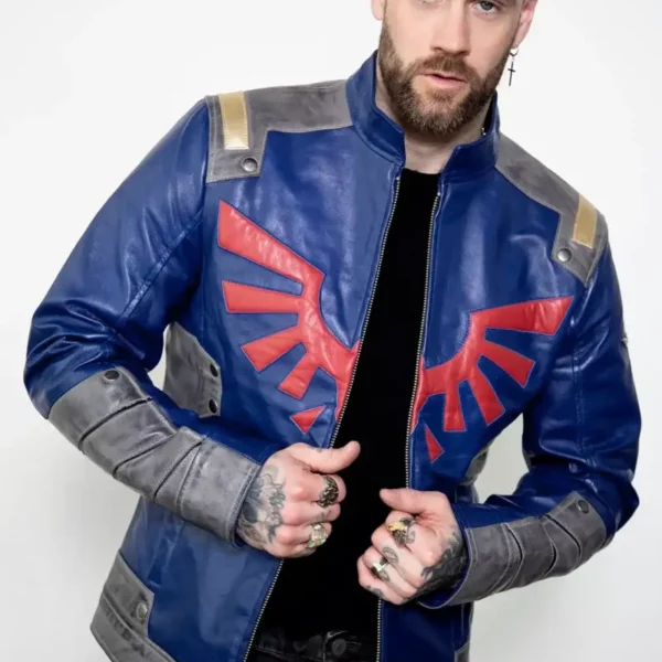 Mens Blue Leather Legendary Race Shield Edition Jacket