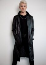 Mens Classic Black Leather Trench Coat USA