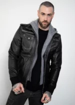 Mens Distressed Leather Gray Hooded Bomber Jacket