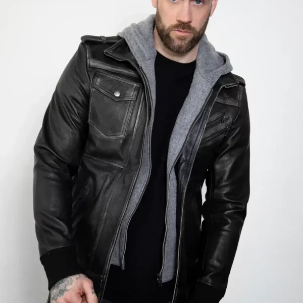 Mens Distressed Leather Gray Hooded Bomber Jacket