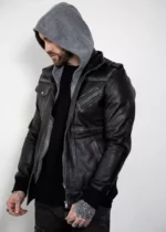 Mens Distressed Leather Gray Hooded Bomber Jacket US