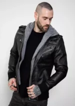Mens Distressed Leather Gray Hooded Bomber Jacket