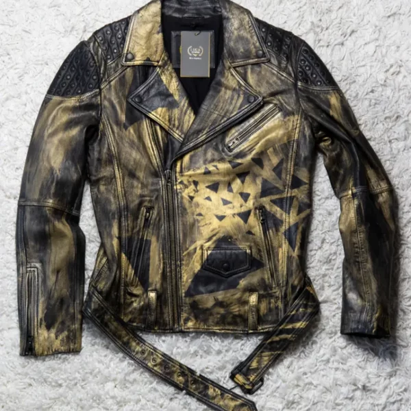 Mens Gold Polygons Studded Motorcycle Leather Jacket