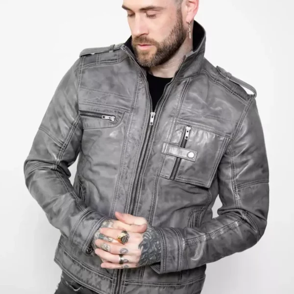 Mens Gray Military Style Distressed Leather Jacket