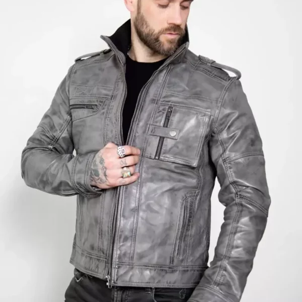 Mens Gray Military Style Distressed Leather Jacket US