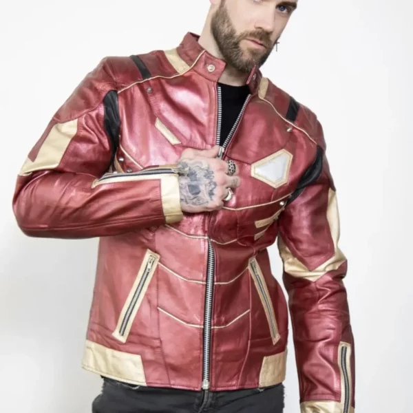 Mens Iron Armor Platinum Red & Gold Leather Jacket