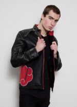 Mens Naruto Akatsuki Cloak Black Leather Jacket US