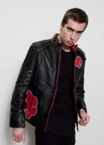 Mens Naruto Akatsuki Cloak Black Leather Jacket USA