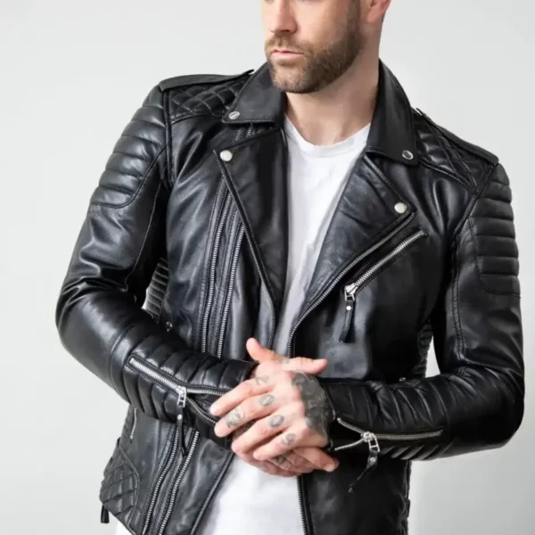 Mens Quilted Black Leather Motorcycle Jacket