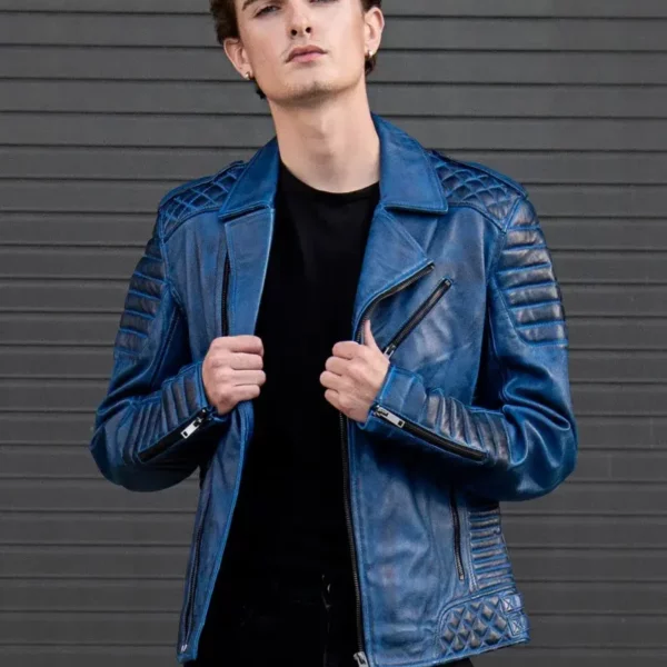 Mens Quilted Blue Leather Motorcycle Jacket