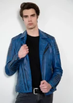 Mens Quilted Blue Leather Motorcycle Jacket US
