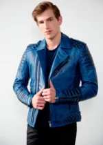 Mens Quilted Blue Leather Motorcycle Jacket US