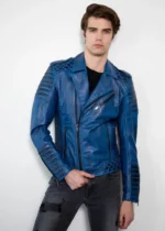 Mens Quilted Blue Leather Motorcycle Jacket USA