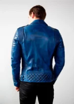 Mens Quilted Blue Leather Motorcycle Jacket United States