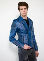 Mens Quilted Blue Leather Motorcycle Jacket United States