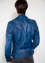 Mens Quilted Blue Leather Motorcycle Jacket