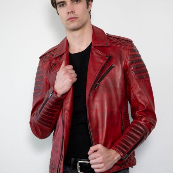 Motorcycle Quilted Red Leather Jacket Mens
