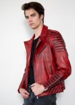 Motorcycle Quilted Red Leather Jacket Mens USA