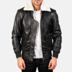 Black Leather Bomber Jacket with Fur