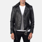 Furton Black Leather Biker Jacket USA