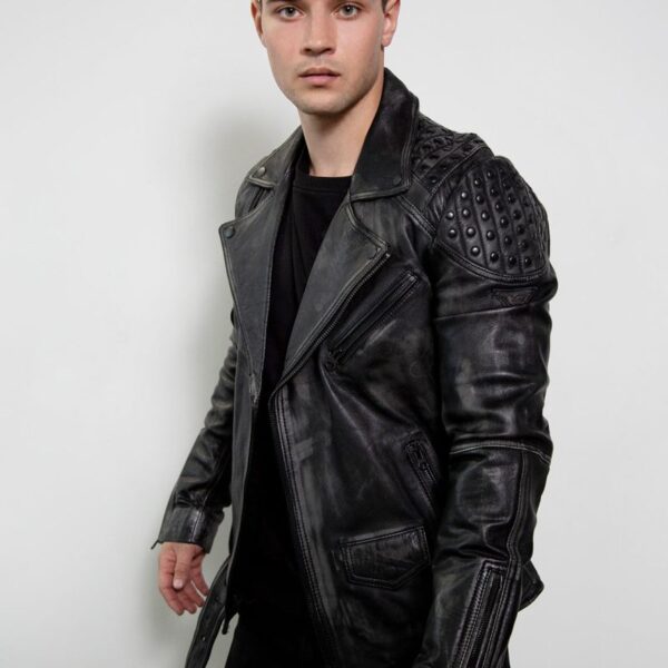 Mens Nathan Smooth Studded Black Moto Leather Jacket