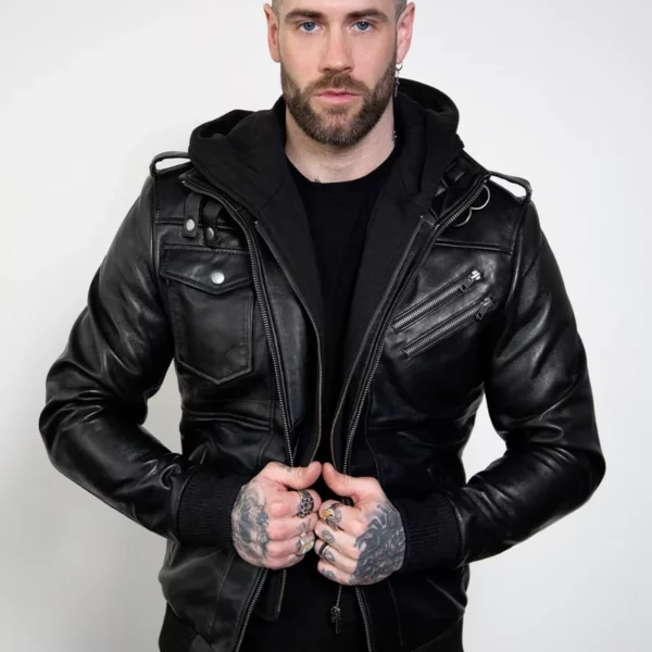Mens Onyx Black Hooded Leather Jacket