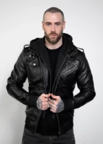 Mens Onyx Black Hooded Leather Jacket USA