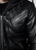 Mens Onyx Black Hooded Leather Jacket USA