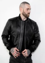 Mens Premium Black Leather Bomber Jacket US