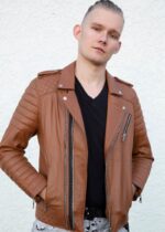 Mens Quilted Brown Leather Motorcycle Jacket