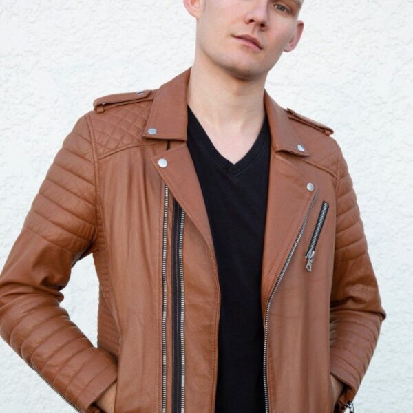 Mens Quilted Brown Leather Motorcycle Jacket
